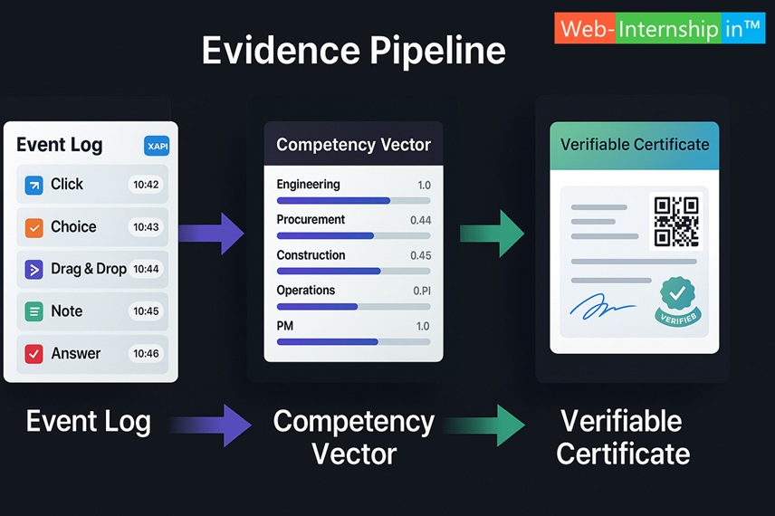 Evidence pipeline graphic: Event Log → Competency Vector → QR-verifiable Certificate.