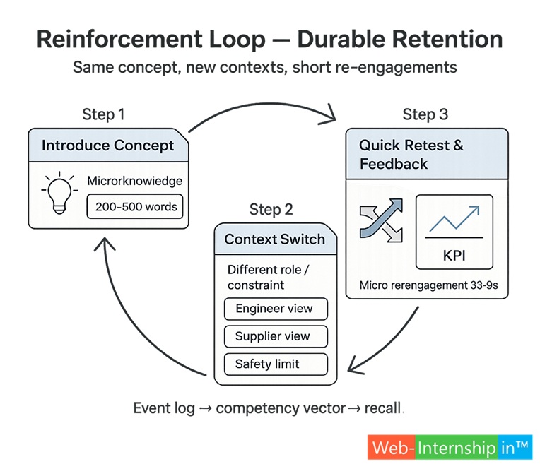 Visual: 3-step “reinforcement loop” where the same concept reappears in a new micro-case.