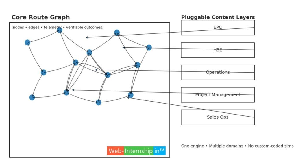 Visual: core route graph (nodes/edges) with pluggable content “layers” on top.