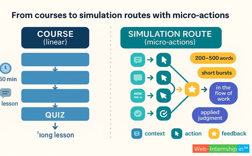 Visual to add: “Route vs. Course” — side-by-side: (A) linear module with quiz; (B) route of 6–10 micro-nodes (each = context + 1 action + feedback).