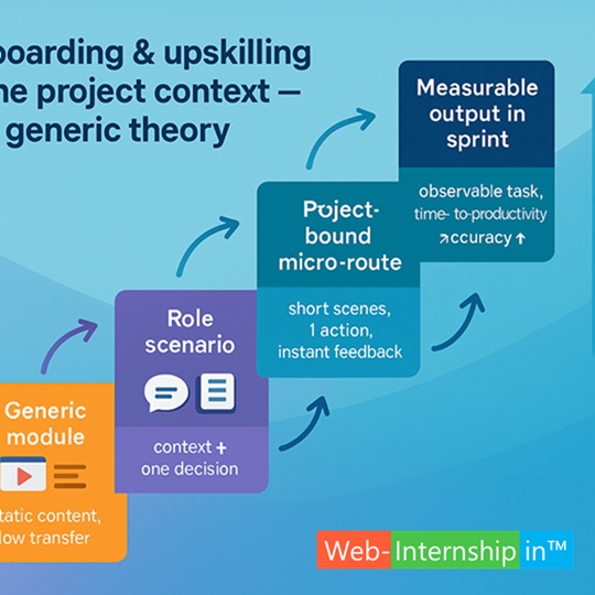 Visual to add: “Project-Context Ladder” — 4 rungs from “generic module” → “role scenario” → “project-bound micro-route” → “measurable output in sprint.”